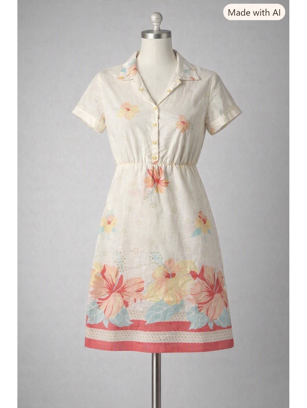 Vintage Sears The Fashion Place Hawaiian Floral Button-Up Dress with Collar